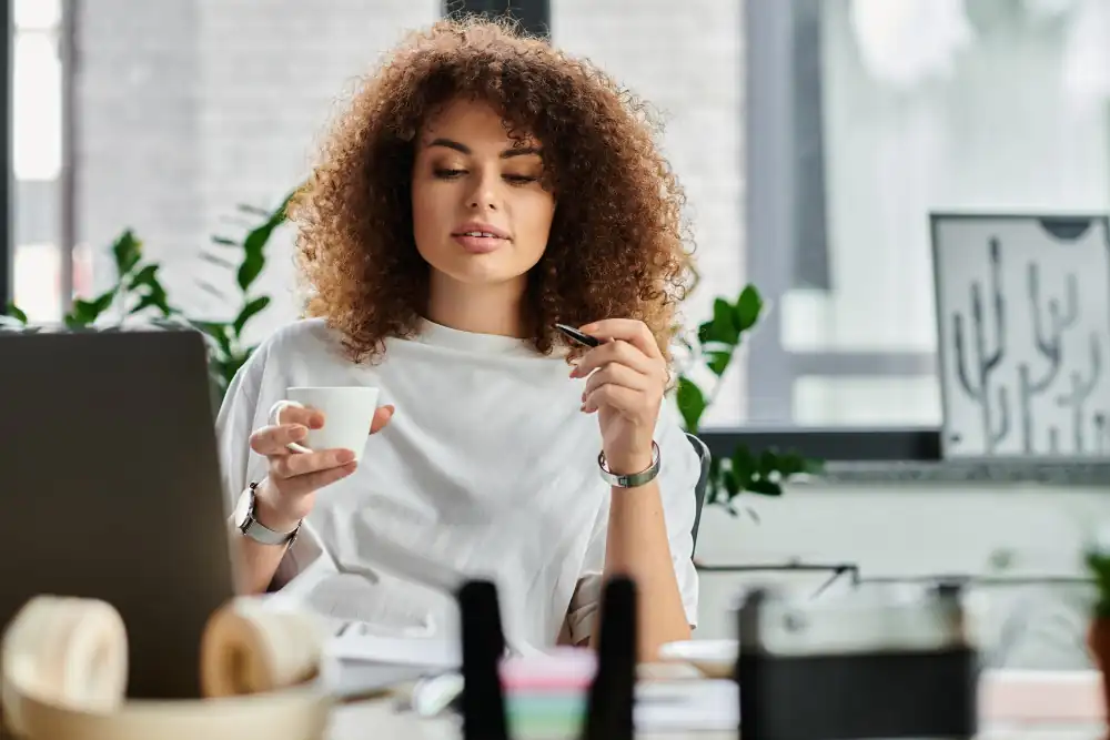 A woman enjoys a coffee break while working in a stylish office space surrounded by plants