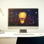 Modern computer monitor with creative light bulb hologram with human brain idea and brainstorming concept 3D Rendering