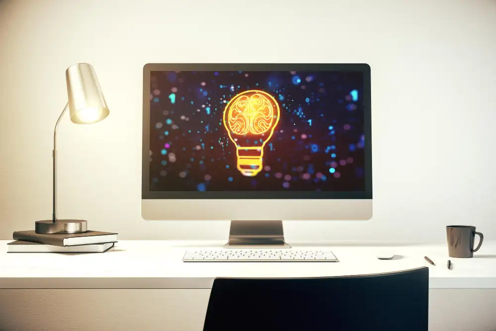 Modern computer monitor with creative light bulb hologram with human brain idea and brainstorming concept 3D Rendering